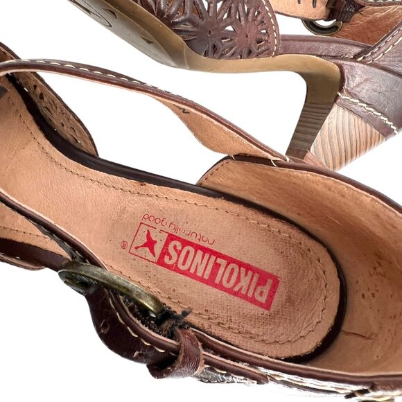 Pikolinos Floral Cutout T-Strap Heels Brown Leather Size 38 EU 7.5-8 US - Picture 11 of 13